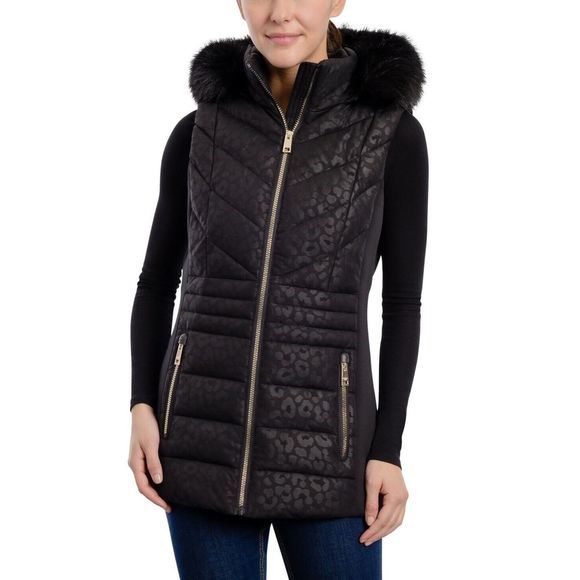 Women's Michael Kors Faux Fur Hood Black Vest Medium M - Picture 2 of 4